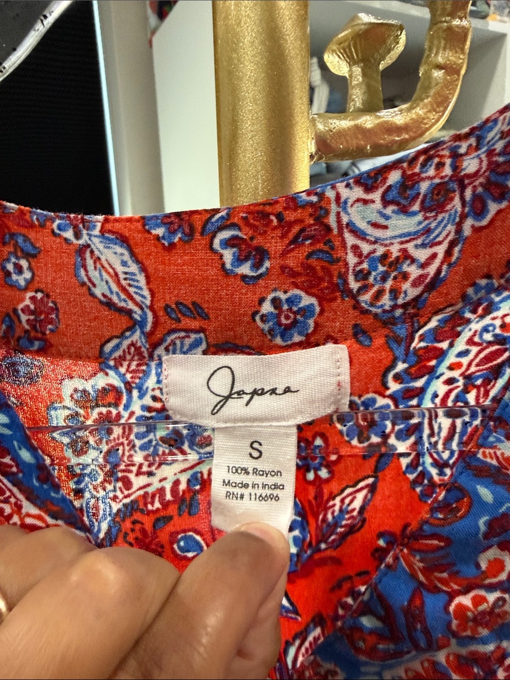 Japna V-Neck Red Paisley Dress small  buttons red blue boho - Picture 2 of 5